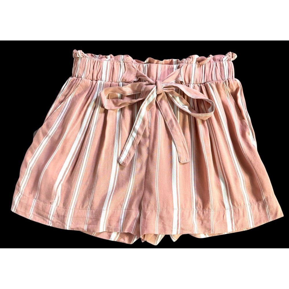 B Flawless Pink White Striped Elastic Waist Tie Front Teen Shorts Pockets Sz S